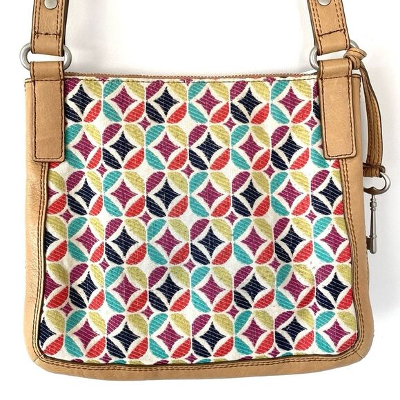 VTG Fossil Tan Leather Canvas Geometric Patterned Crossbody Bag Boho Retro NWOT - Picture 3 of 11